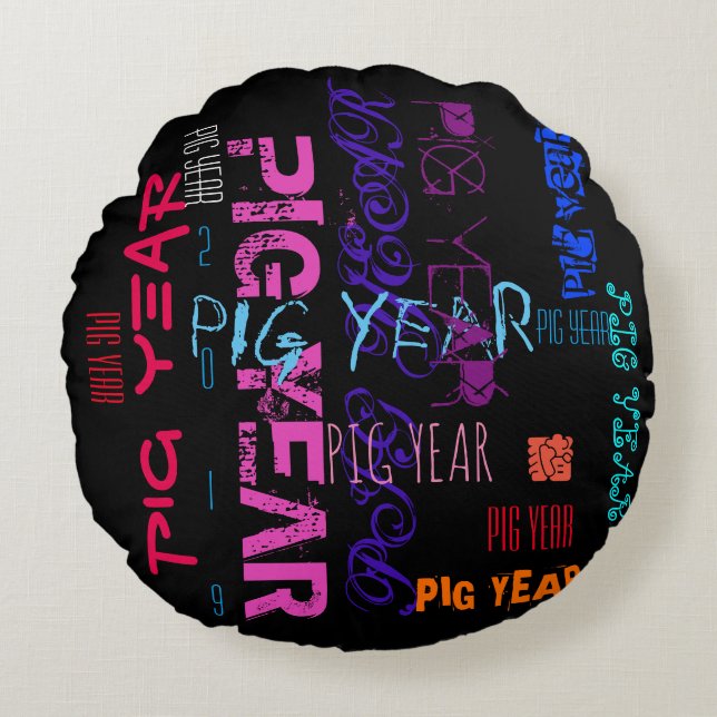 Graffiti style Repeating Pig Year 2019 Round P Pillow (Front)