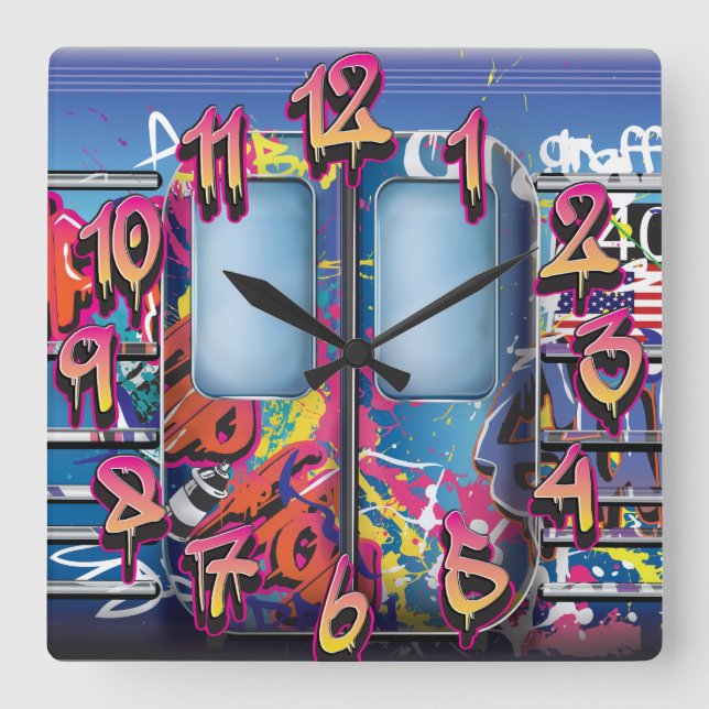 Graffiti Subway Train Square Wall Clock (Front)