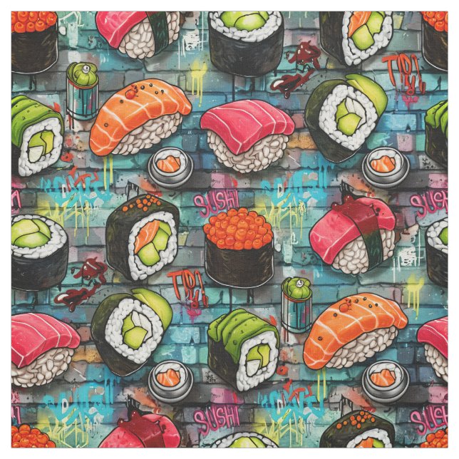 Graffiti Sushi Seamless Pattern Fabric (Swatch)