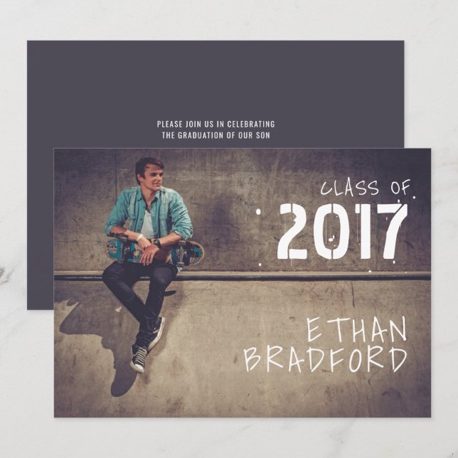 Grafitti Style Guy Photo Graduation Party Invitation (Front/Back)