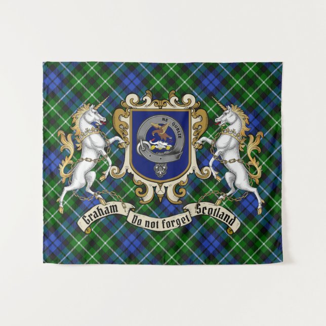 Graham Clan Badge & Unicorns w/Tartan Tapestry (Front (Horizontal))