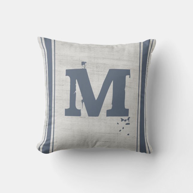 Grain Sack Blue Gray Vertical Stripes Monogram M Throw Pillow (Front)
