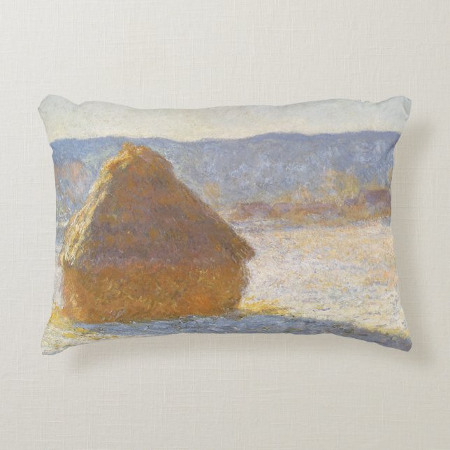 Grainstack in Morning, Snow Effect by Claude Monet Decorative Pillow (Front)