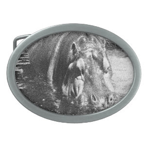 Grainy Black White Hippo Art, Belt Buckle