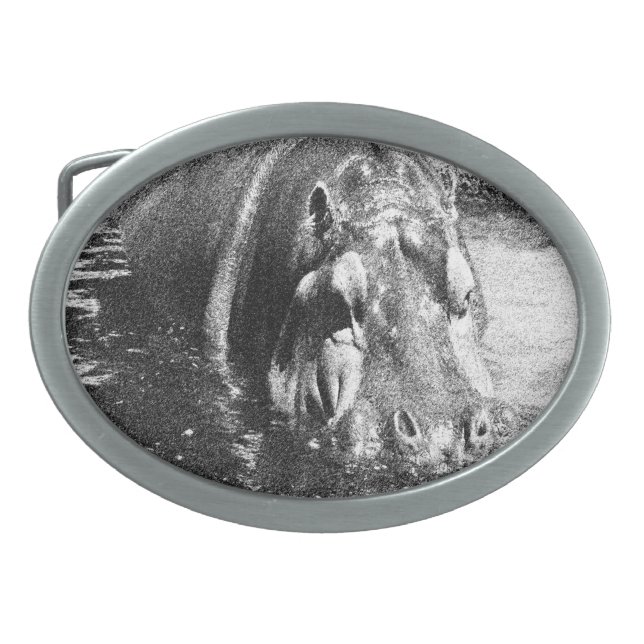 Grainy Black White Hippo Art, Belt Buckle (Front)