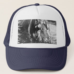 Grainy Black White Hippo Art, Truckers Hat