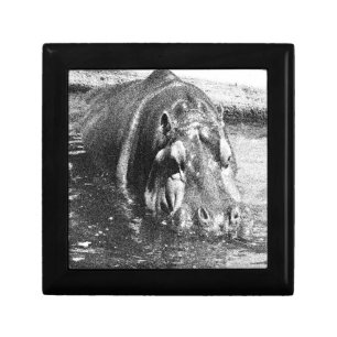 Grainy Black White Hippo Art, Wood Gift Box
