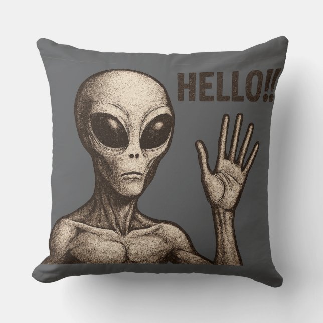 Grainy Encounter: The Alien Greeting Throw Pillow (Front)