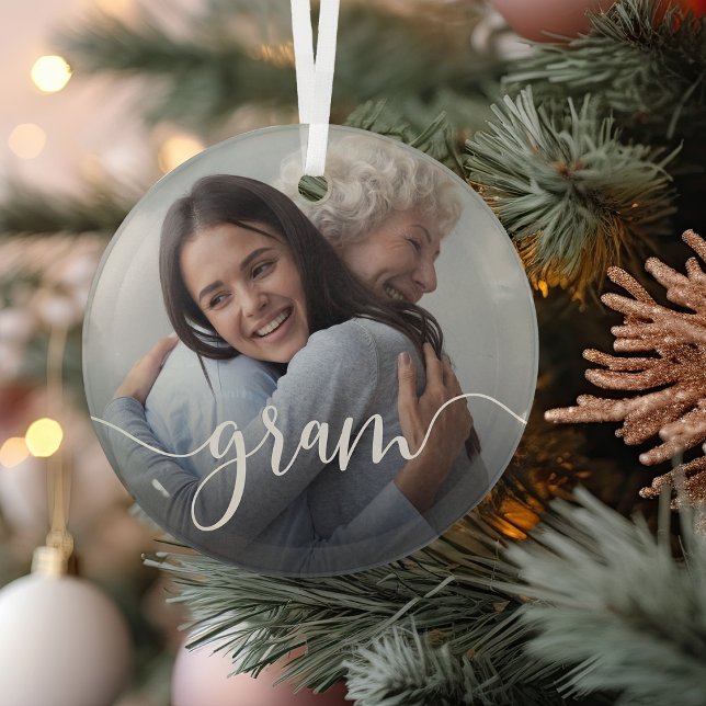 Gram Grandma Script Overlay Glass Ornament (Creator Uploaded)