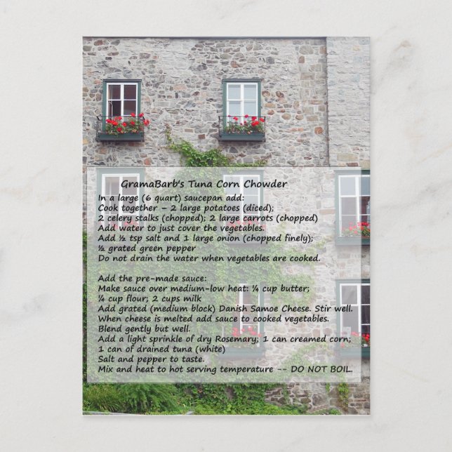 GramaBarb's Tuna Corn Chowder Recipe Postcard (Front)