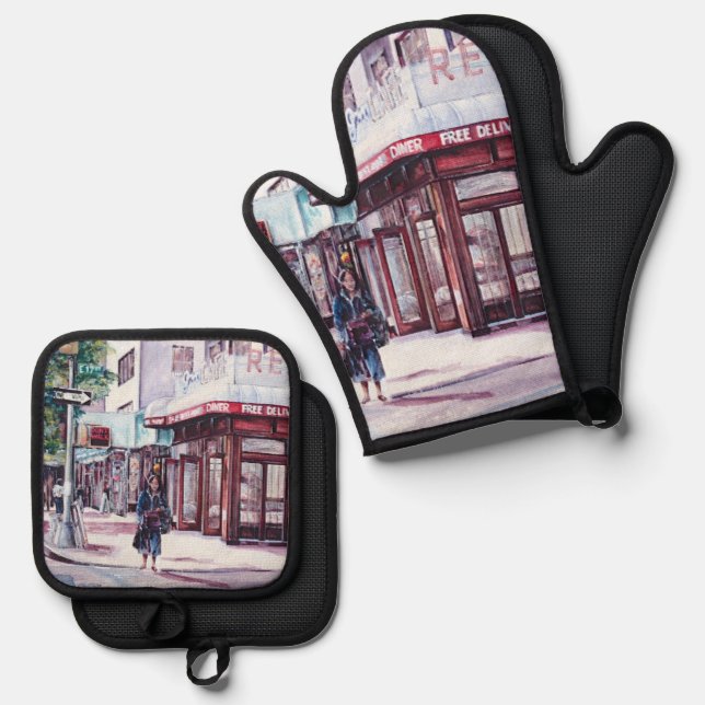 Gramercy Coffee Corner Oven Mitt & Pot Holder Set (Front/Back)