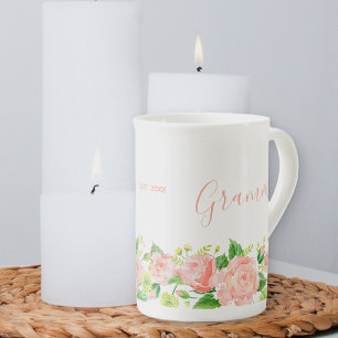 Grammie Watercolor Floral Coral Pink Bone China Mug