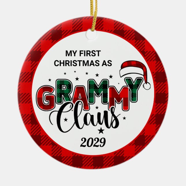 Grammy Claus Christmas Photo Plaid Ceramic Ornamen Ceramic Ornament (Front)