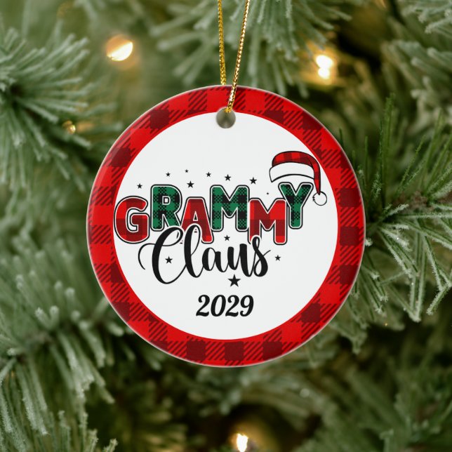 Grammy Claus Christmas Photo Plaid Ceramic Ornament (Tree)