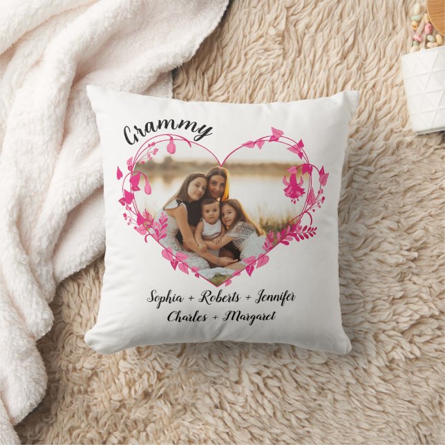 Grammy flower heart With Grandkids Names & Photo Throw Pillow (Blanket)