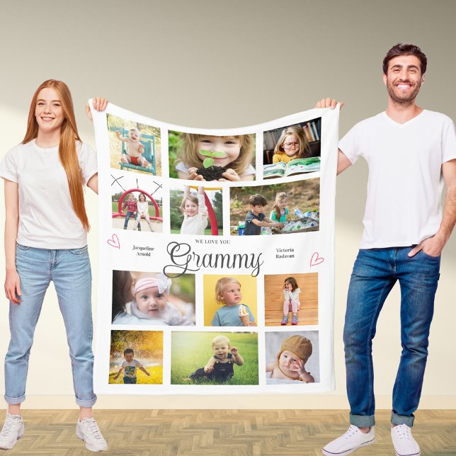 Grammy We Love You Personalized Hearts Modern Fleece Blanket (Grammy custom fleece blanket with favorite photos and personalized text.)