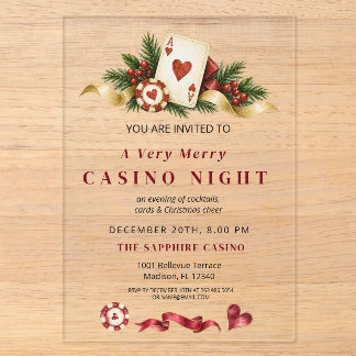 Gramorous Christmas Red Gold Green Casino Night Acrylic Invitations