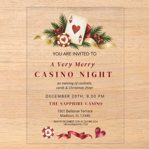 Gramorous Christmas Red Gold Green Casino Night Acrylic Invitations