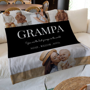 Grampa black and white moden typography 4 photo fleece blanket
