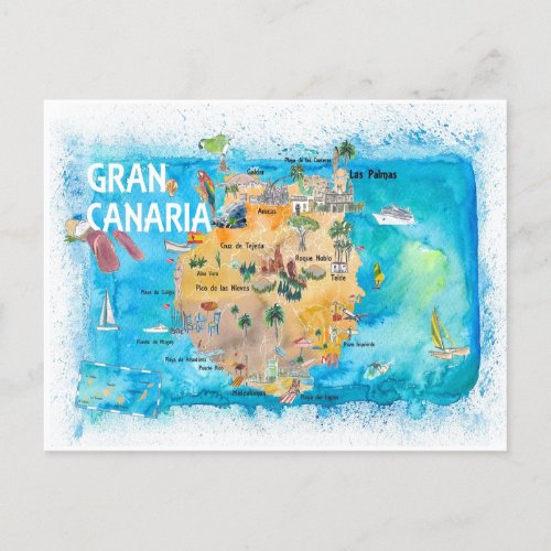 Gran Canary Canarias Spain Illustrated Map  Postcard
