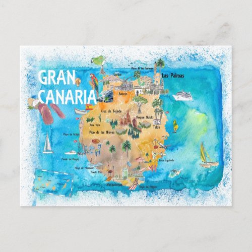 Gran Canary Canarias Spain Illustrated Map  Postcard