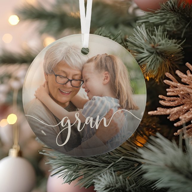 Gran Grandma Script Overlay Glass Ornament (Creator Uploaded)