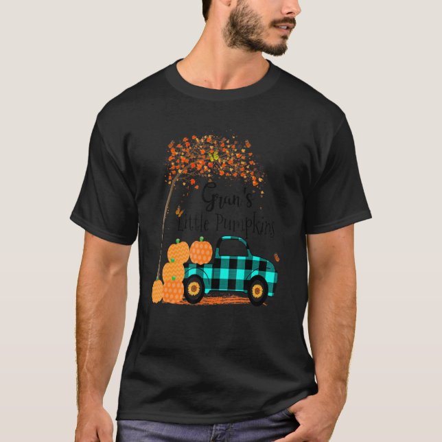 Gran S Little Pumpkins Truck Green Plaid Autumn Ar T-Shirt (Front)