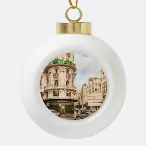 Gran Via Street Madrid Spain Ceramic Ball Christmas Ornament