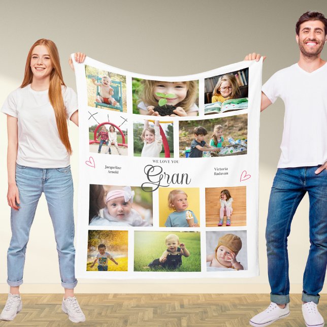 Gran We Love You Personalized Hearts Modern Fleece Blanket (Gran custom fleece blanket with your photos and personalized text.)