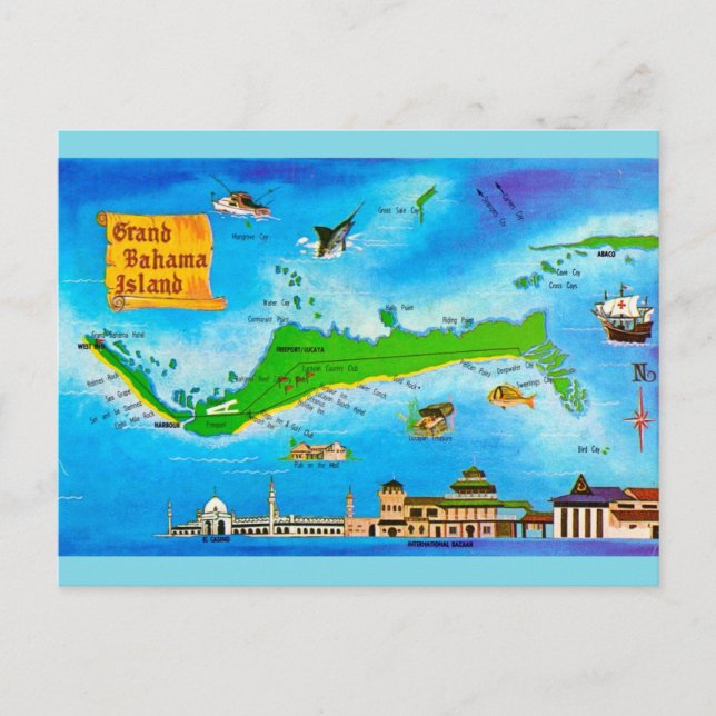 Grand Bahama Island Vintage Map Postcard (Front)