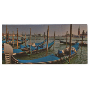 Grand Canal water with gondalo boats lined up Wood USB Flash Drive
