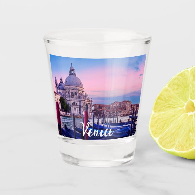 Grand Canal with gondolas and church in Venice Shot Glass (Front)