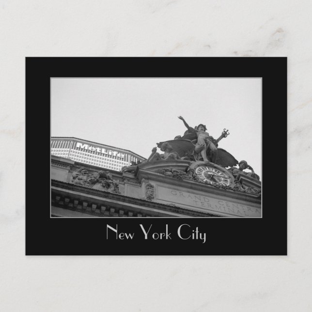 Grand Central Station & Met Life Building B&W Postcard (Front)