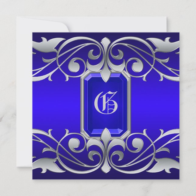 Grand Duchess Blue Jewel Silver Scroll Invitation (Front)