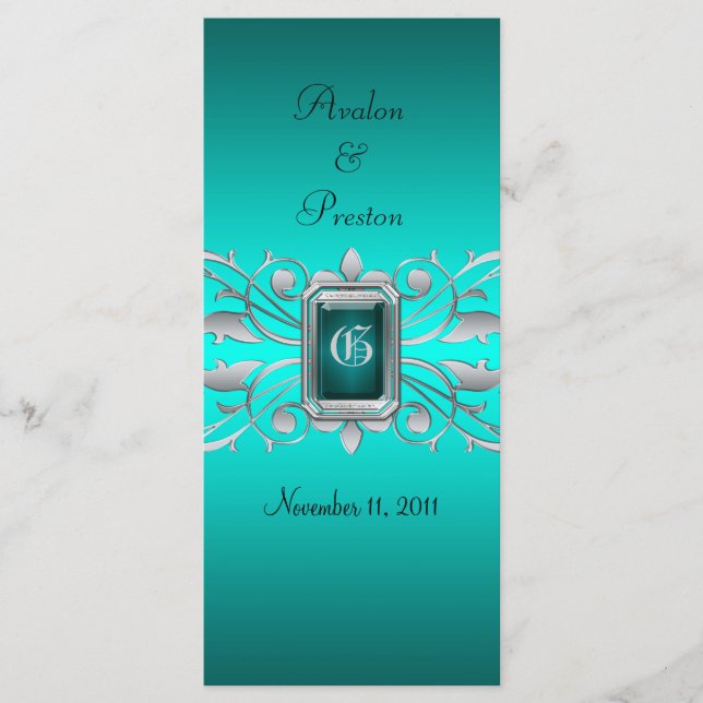 Grand Duchess Silver Scroll Teal Wedding Program (Front)