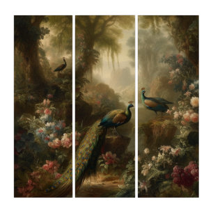 Grand Estate Peacock Trio Three-Panel Panorama Triptych