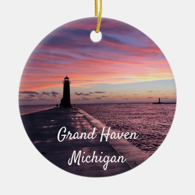 Grand Haven Michigan Lighthouse Ceramic Ornament (Front)
