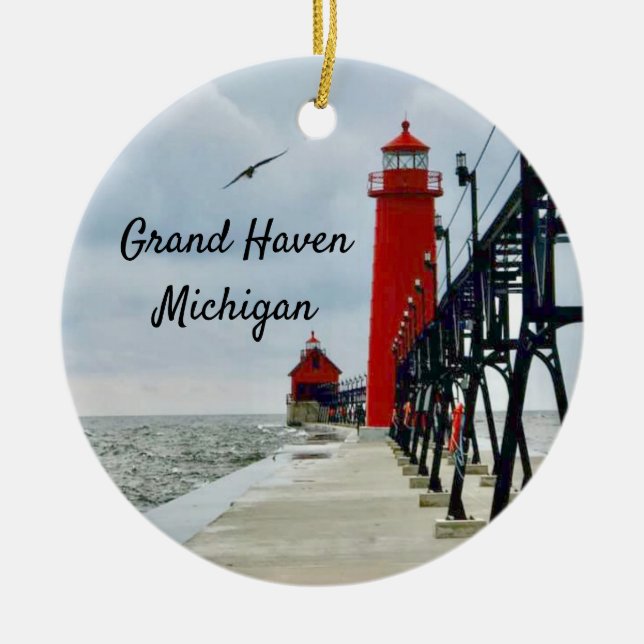 Grand Haven Michigan Lighthouse Ceramic Ornament (Front)