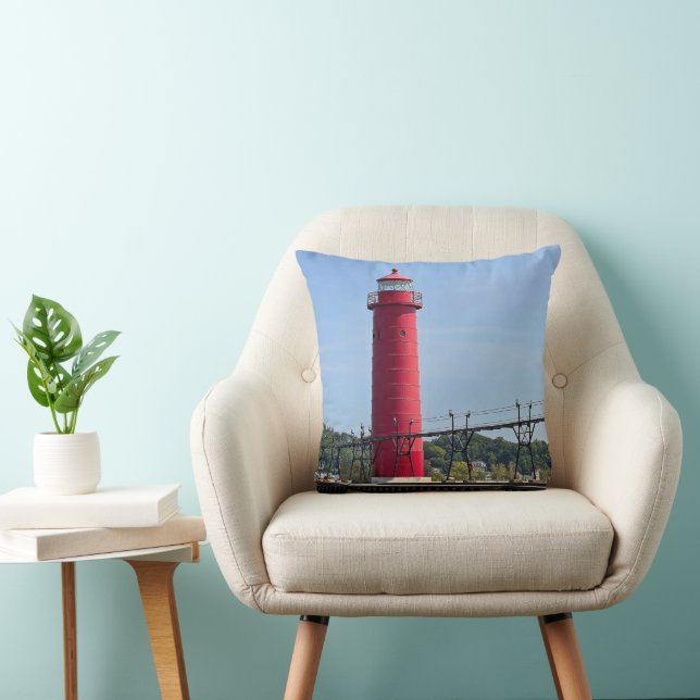 Grand Haven Michigan Lighthouse Throw Pillow (Chair)