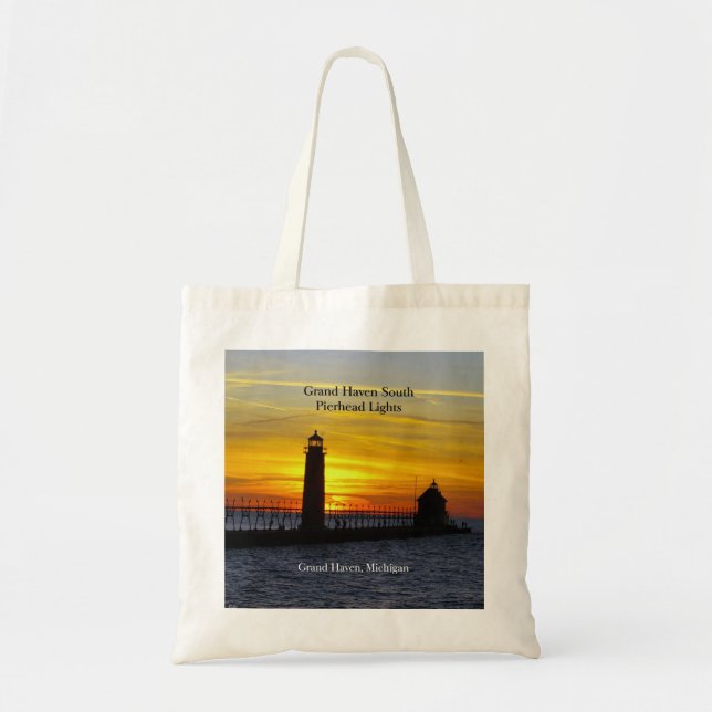 Grand Haven South Pierhead Lights sunset tote bag (Front)