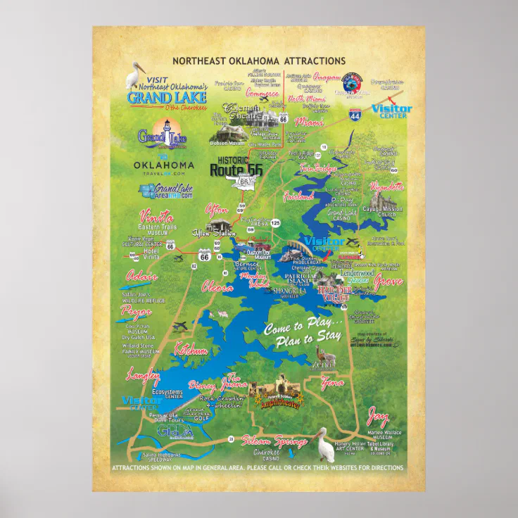 Grand Lake Map With Cove Names Grand Lake Ok Attractions Map 19 Poster | Zazzle