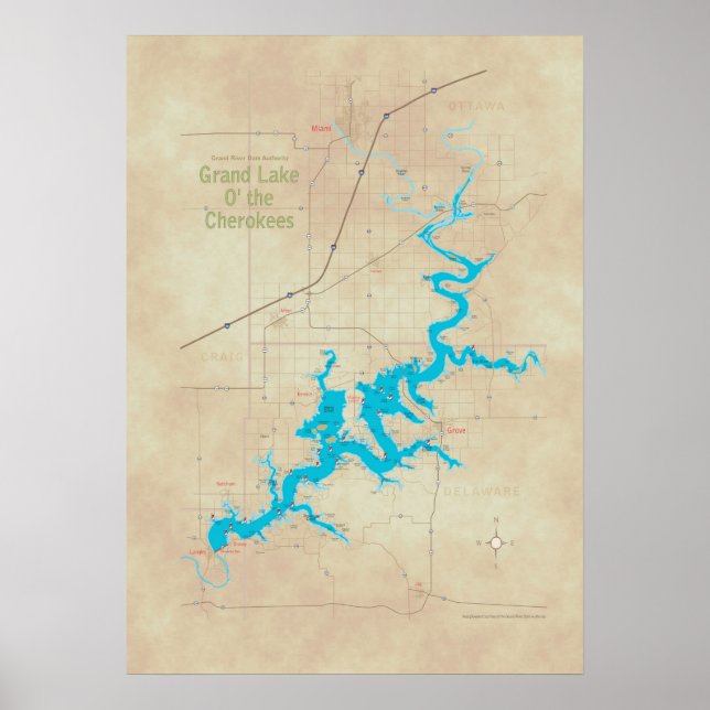 Grand Lake OK map tan 19 Poster (Front)