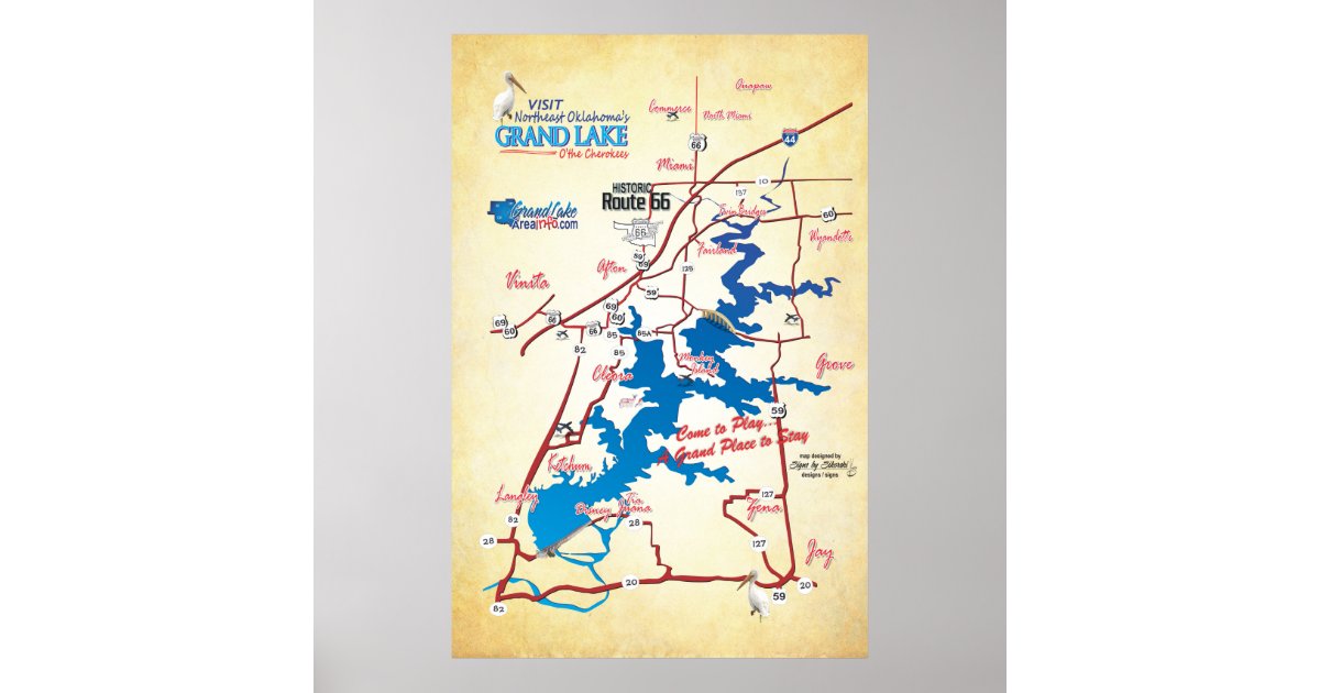 Grand Lake OK road map -faun Poster | Zazzle.com