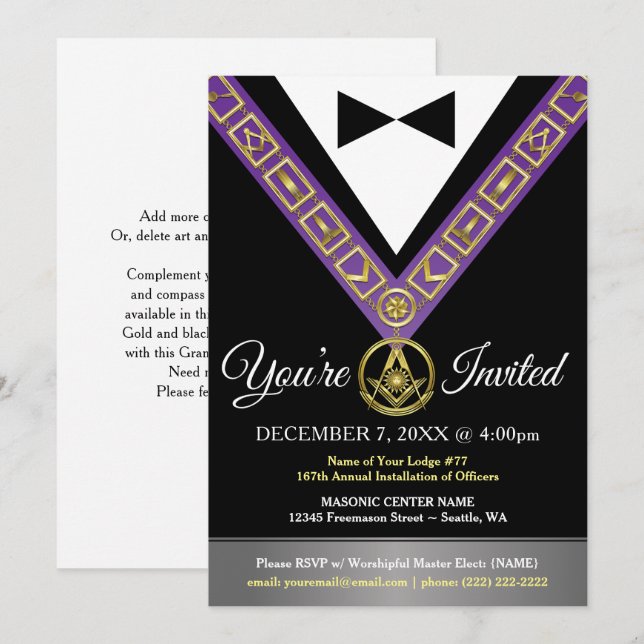 Grand Lodge Masonic Invitations | Purple and Gold (Front/Back)