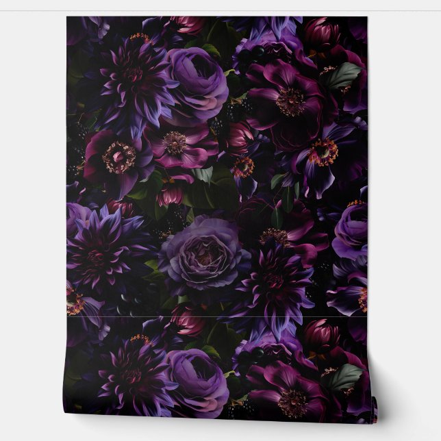Grand Millennial Black Opulent Purple Mauve Garden Wallpaper (Unrolling)