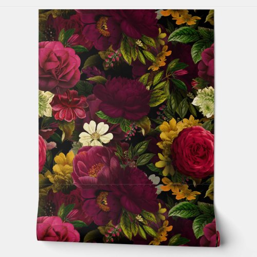 Grand Millennial burgundy Roses Gothic Nostalgic  Wallpaper