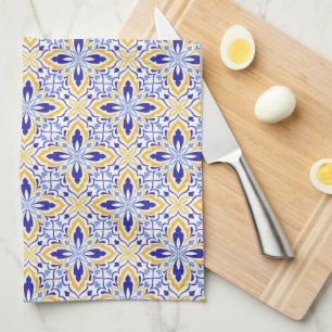 Grand Mosaic Blue and Gold Floral Mediterranean Kitchen Towel