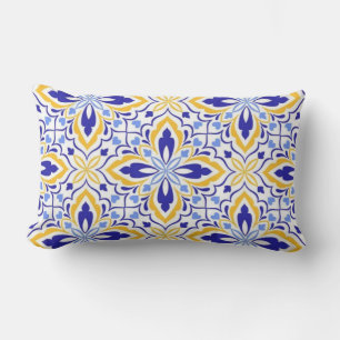 Grand Mosaic Blue and Gold Floral Mediterranean Lumbar Pillow
