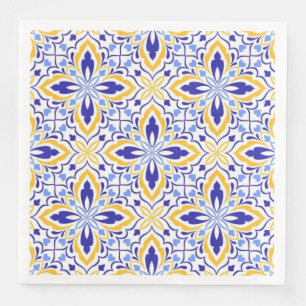 Grand Mosaic Blue and Gold Floral Mediterranean Paper Dinner Napkins