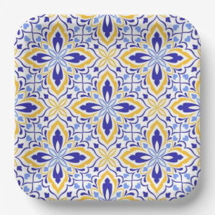 Grand Mosaic Blue and Gold Floral Mediterranean Paper Plates
